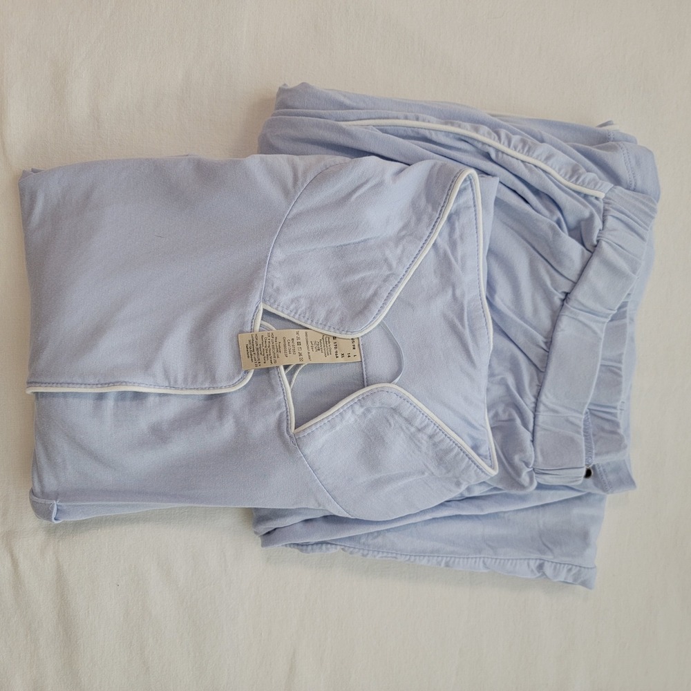 Womens Light Blue Pajama Set Long Sleeve Button Down Pants Piping Sleepwear XL - Picture 2 of 11